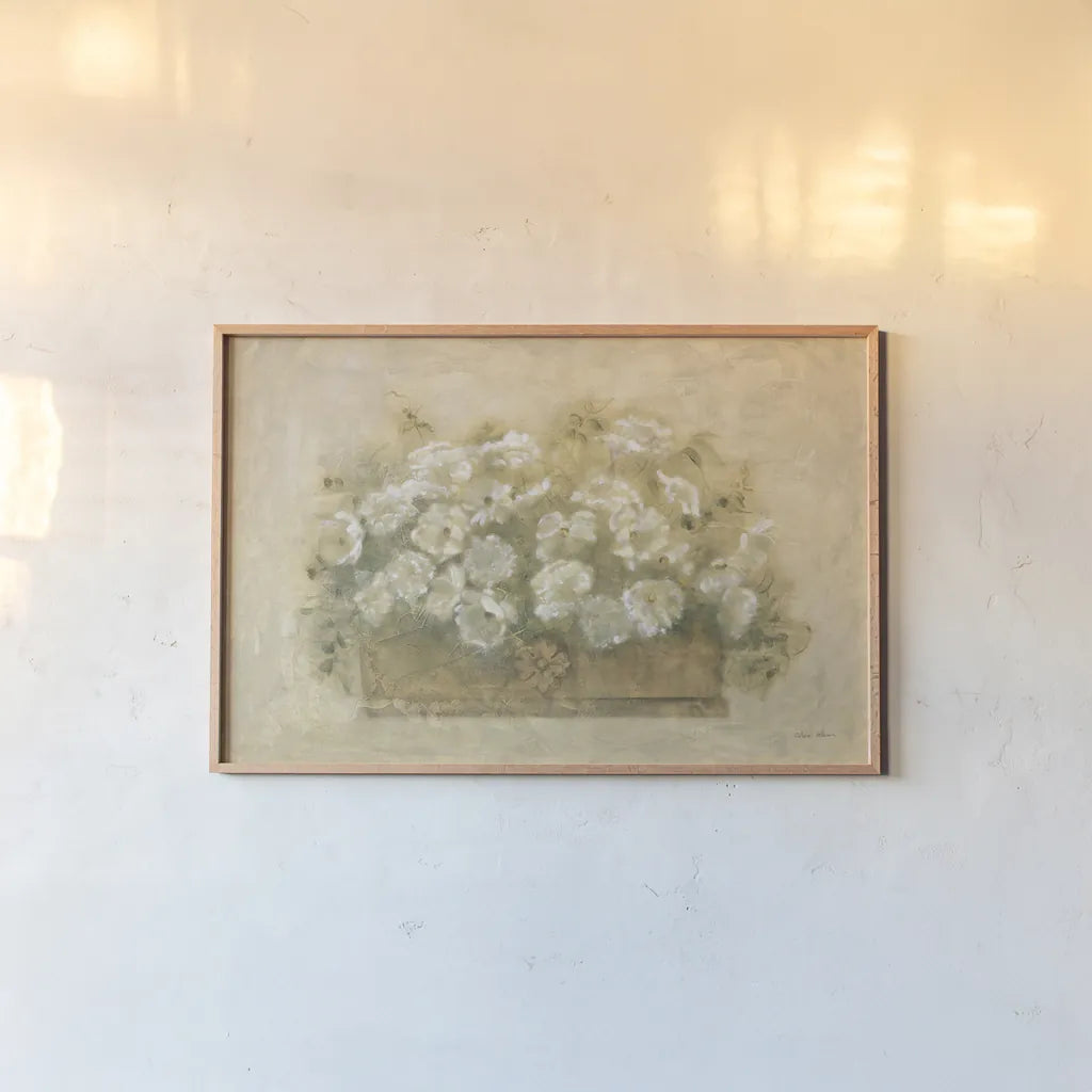 White Floral Bouquet I by Cheri Blum. shown as a paper print in a natural frame. Available as a archival giclee rolled canvas, fine art paper, or poster print. SKU 6885i.