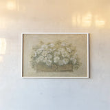 White Floral Bouquet I by Cheri Blum. shown as a paper print in a white frame. Available as a archival giclee rolled canvas, fine art paper, or poster print. SKU 6885i.