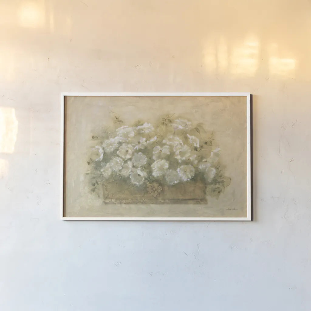 White Floral Bouquet I by Cheri Blum. shown as a paper print in a white frame. Available as a archival giclee rolled canvas, fine art paper, or poster print. SKU 6885i.