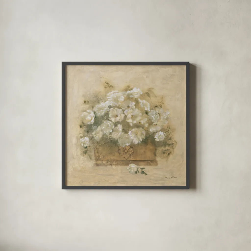 White Floral Bouquet II by Cheri Blum. Shown in a sleek black glass frame for a contemporary gallery look. Available as an archival giclee rolled canvas, fine art paper, or poster print. SKU 7293a.