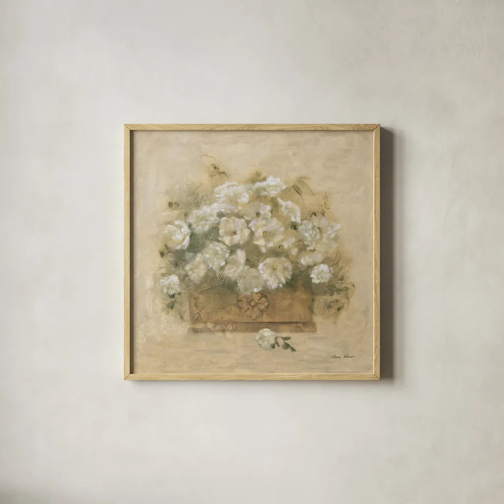 White Floral Bouquet II by Cheri Blum. Shown in a natural wood glass frame for a timeless modern aesthetic. Available as an archival giclee rolled canvas, fine art paper, or poster print. SKU 7293a.