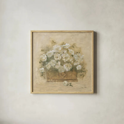 White Floral Bouquet II by Cheri Blum. Shown in a natural wood glass frame for a timeless modern aesthetic. Available as an archival giclee rolled canvas, fine art paper, or poster print. SKU 7293a.