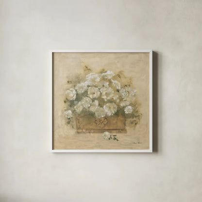 White Floral Bouquet II by Cheri Blum. Shown in a crisp white glass frame for a clean and minimalist style. Available as an archival giclee rolled canvas, fine art paper, or poster print. SKU 7293a.