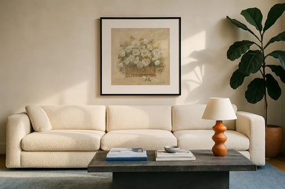 White Floral Bouquet II by Cheri Blum. Displayed in a glass frame with matte in a clean modern living room. Available as an archival giclee rolled canvas, fine art paper, or poster print. SKU 7293a.