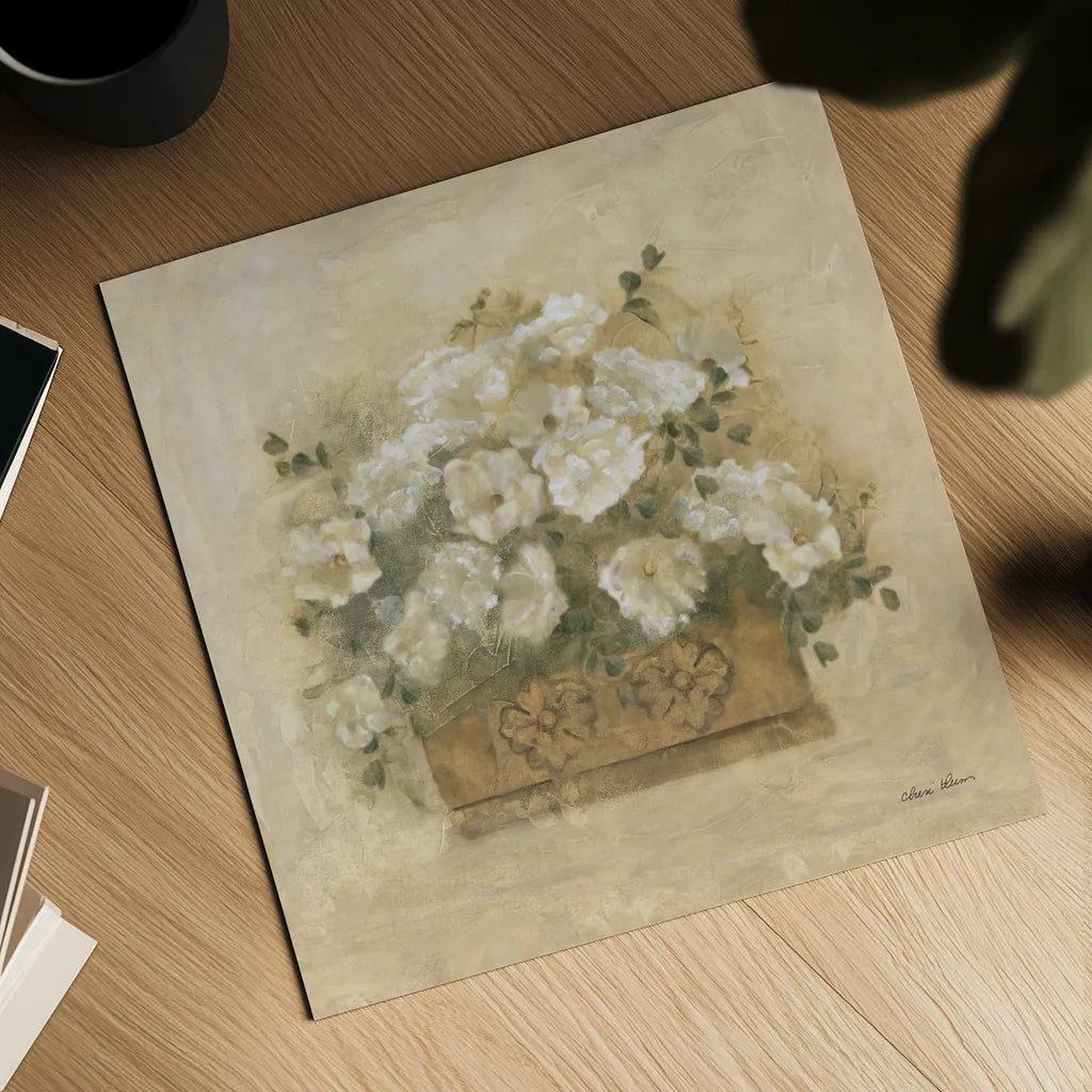 White Floral Bouquet III by Cheri Blum. Shown as a detailed flat fine art print, highlighting archival giclee quality. Available as an archival giclee rolled canvas, fine art paper, or poster print. SKU 7294a.