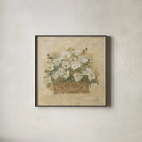 White Floral Bouquet III by Cheri Blum. Shown in a sleek black glass frame for a contemporary gallery look. Available as an archival giclee rolled canvas, fine art paper, or poster print. SKU 7294a.
