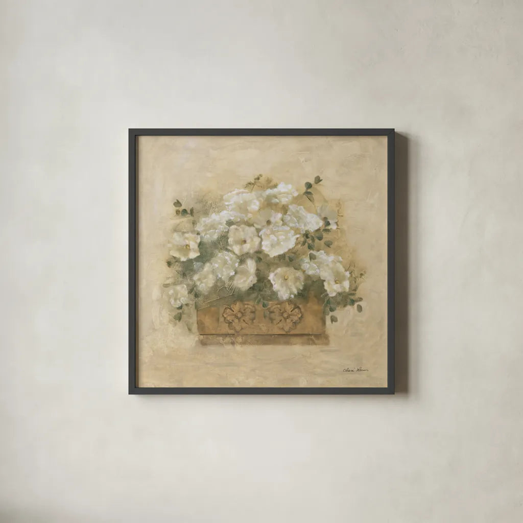 White Floral Bouquet III by Cheri Blum. Shown in a sleek black glass frame for a contemporary gallery look. Available as an archival giclee rolled canvas, fine art paper, or poster print. SKU 7294a.
