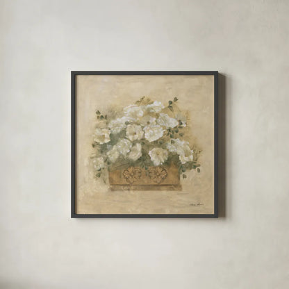 White Floral Bouquet III by Cheri Blum. Shown in a sleek black glass frame for a contemporary gallery look. Available as an archival giclee rolled canvas, fine art paper, or poster print. SKU 7294a.
