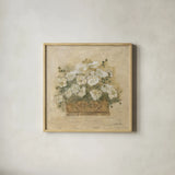 White Floral Bouquet III by Cheri Blum. Shown in a natural wood glass frame for a timeless modern aesthetic. Available as an archival giclee rolled canvas, fine art paper, or poster print. SKU 7294a.
