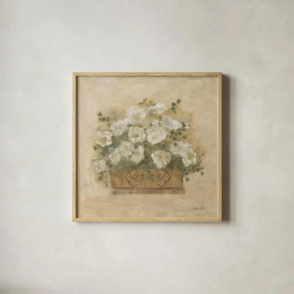 White Floral Bouquet III by Cheri Blum. Shown in a natural wood glass frame for a timeless modern aesthetic. Available as an archival giclee rolled canvas, fine art paper, or poster print. SKU 7294a.