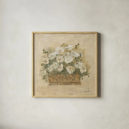 White Floral Bouquet III by Cheri Blum. Shown in a natural wood glass frame for a timeless modern aesthetic. Available as an archival giclee rolled canvas, fine art paper, or poster print. SKU 7294a.