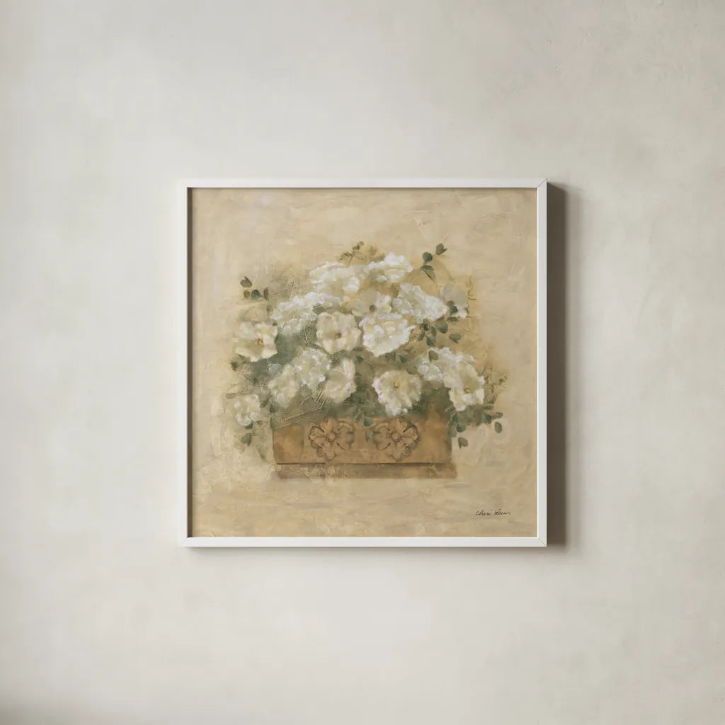 White Floral Bouquet III by Cheri Blum. Shown in a crisp white glass frame for a clean and minimalist style. Available as an archival giclee rolled canvas, fine art paper, or poster print. SKU 7294a.