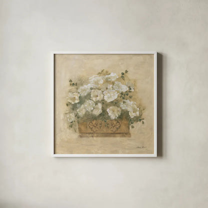 White Floral Bouquet III by Cheri Blum. Shown in a crisp white glass frame for a clean and minimalist style. Available as an archival giclee rolled canvas, fine art paper, or poster print. SKU 7294a.