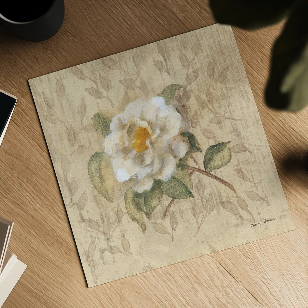 White Floral I by Cheri Blum. Shown as a detailed flat fine art print, highlighting archival giclee quality. Available as an archival giclee rolled canvas, fine art paper, or poster print. SKU 7256a.