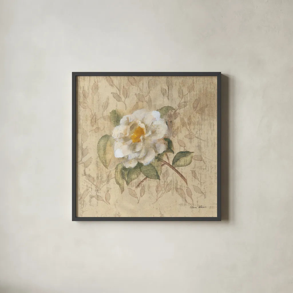 White Floral I by Cheri Blum. Shown in a sleek black glass frame for a contemporary gallery look. Available as an archival giclee rolled canvas, fine art paper, or poster print. SKU 7256a.