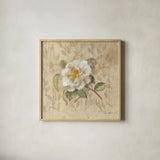 White Floral I by Cheri Blum. Shown in a natural wood glass frame for a timeless modern aesthetic. Available as an archival giclee rolled canvas, fine art paper, or poster print. SKU 7256a.