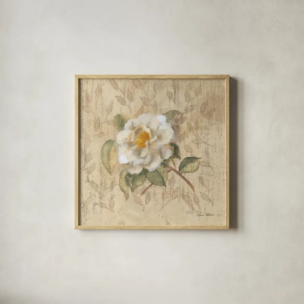 White Floral I by Cheri Blum. Shown in a natural wood glass frame for a timeless modern aesthetic. Available as an archival giclee rolled canvas, fine art paper, or poster print. SKU 7256a.