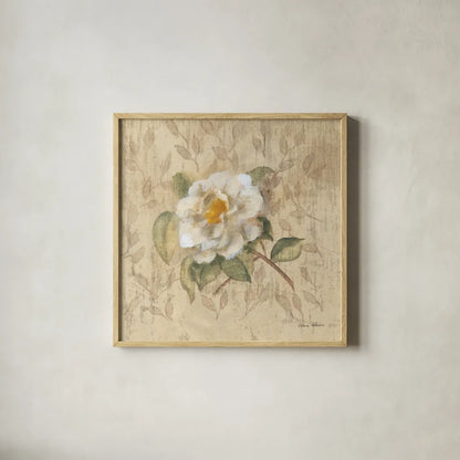 White Floral I by Cheri Blum. Shown in a natural wood glass frame for a timeless modern aesthetic. Available as an archival giclee rolled canvas, fine art paper, or poster print. SKU 7256a.