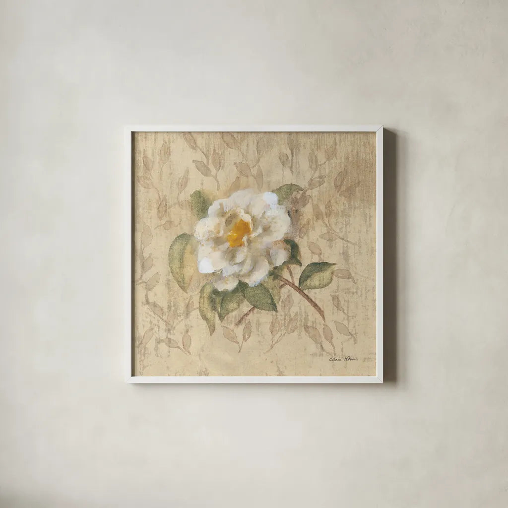 White Floral I by Cheri Blum. Shown in a crisp white glass frame for a clean and minimalist style. Available as an archival giclee rolled canvas, fine art paper, or poster print. SKU 7256a.