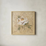 White Floral II by Cheri Blum. Shown in a natural wood glass frame for a timeless modern aesthetic. Available as an archival giclee rolled canvas, fine art paper, or poster print. SKU 7257a.