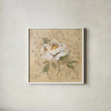 White Floral II by Cheri Blum. Shown in a crisp white glass frame for a clean and minimalist style. Available as an archival giclee rolled canvas, fine art paper, or poster print. SKU 7257a.