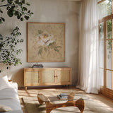 White Floral II by Cheri Blum. Shown in a natural wood frame in a cozy modern living room. Available as an archival giclee rolled canvas, fine art paper, or poster print. SKU 7257a.