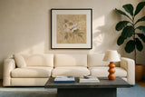 White Floral II by Cheri Blum. Displayed in a glass frame with matte in a clean modern living room. Available as an archival giclee rolled canvas, fine art paper, or poster print. SKU 7257a.