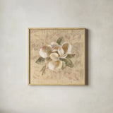 White Floral III by Cheri Blum. Shown in a natural wood glass frame for a timeless modern aesthetic. Available as an archival giclee rolled canvas, fine art paper, or poster print. SKU 7258a.
