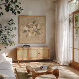 White Floral III by Cheri Blum. Shown in a natural wood frame in a cozy modern living room. Available as an archival giclee rolled canvas, fine art paper, or poster print. SKU 7258a.