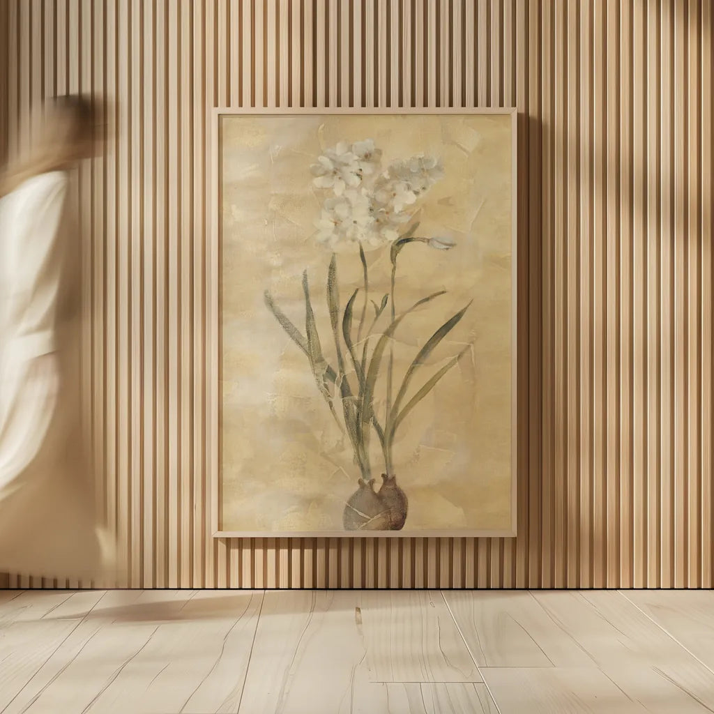 White Narcissus by Cheri Blum. shown as over sized large wall art. Available as an archival giclee rolled canvas, fine art paper, or poster print. SKU 7121h.