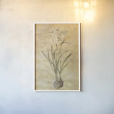 White Narcissus by Cheri Blum. shown as a paper print in a white frame. Available as a archival giclee rolled canvas, fine art paper, or poster print. SKU 7121h.