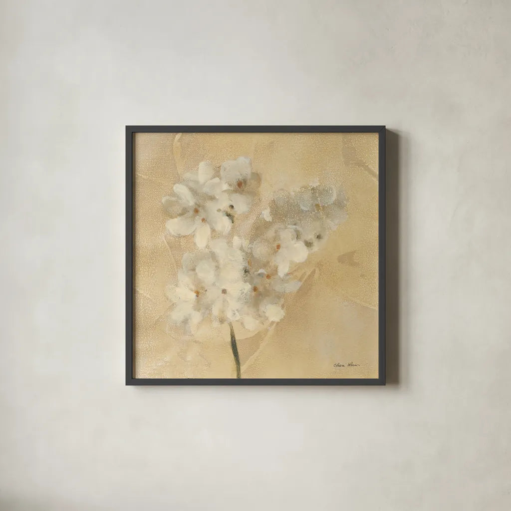 White Narcissus Crop by Cheri Blum. Shown in a sleek black glass frame for a contemporary gallery look. Available as an archival giclee rolled canvas, fine art paper, or poster print. SKU 7013a.