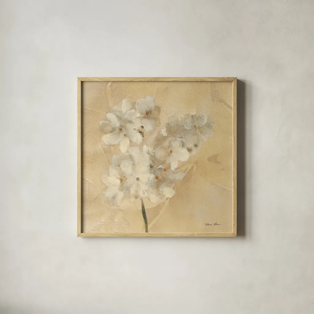 White Narcissus Crop by Cheri Blum. Shown in a natural wood glass frame for a timeless modern aesthetic. Available as an archival giclee rolled canvas, fine art paper, or poster print. SKU 7013a.