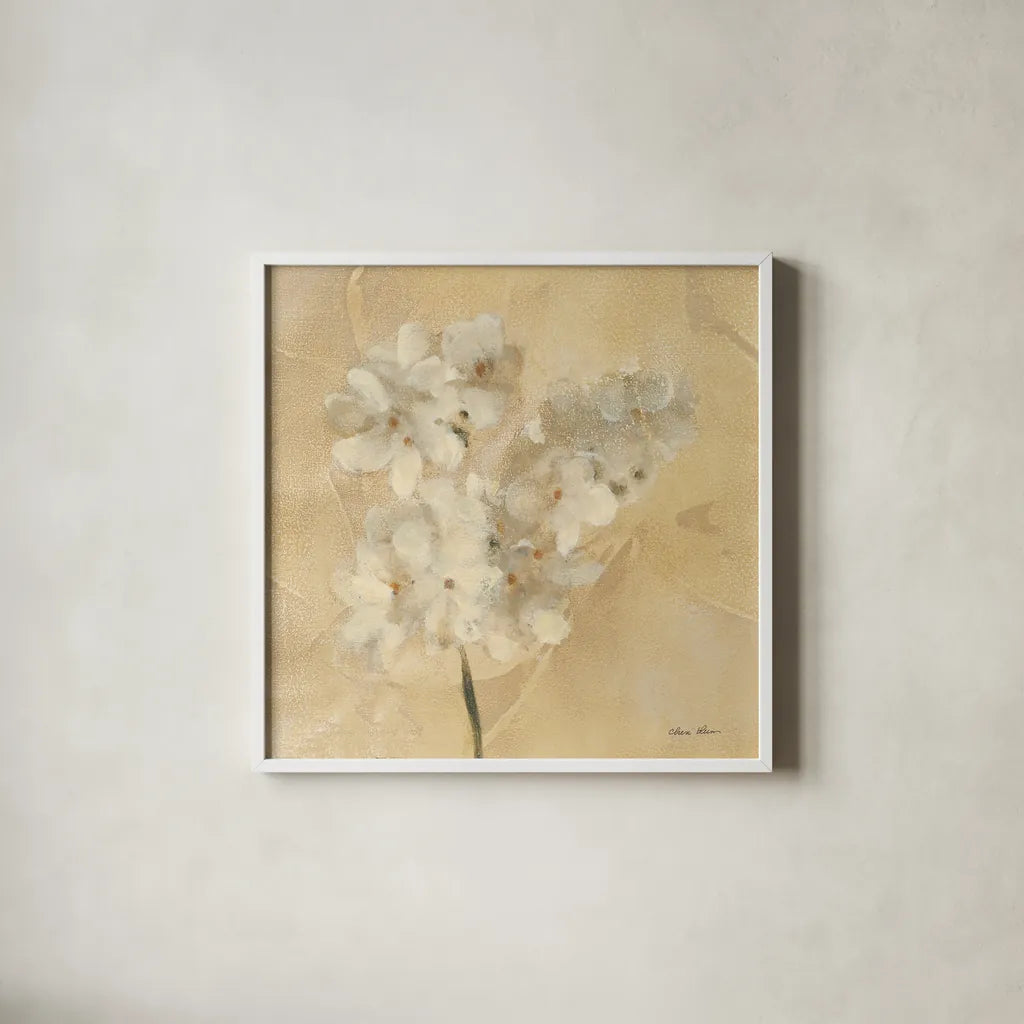 White Narcissus Crop by Cheri Blum. Shown in a crisp white glass frame for a clean and minimalist style. Available as an archival giclee rolled canvas, fine art paper, or poster print. SKU 7013a.