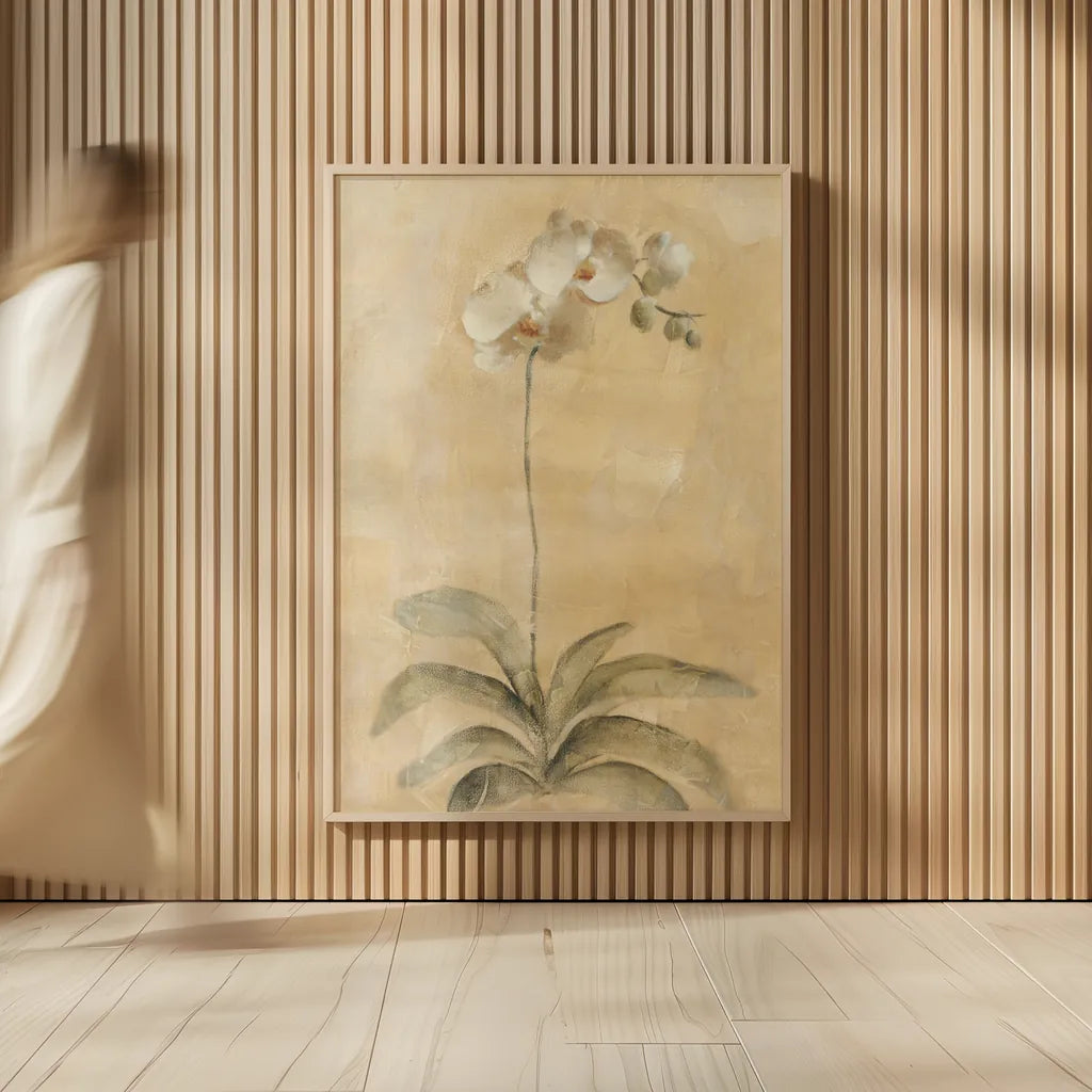 White Orchid by Cheri Blum. shown as over sized large wall art. Available as an archival giclee rolled canvas, fine art paper, or poster print. SKU 7120h.
