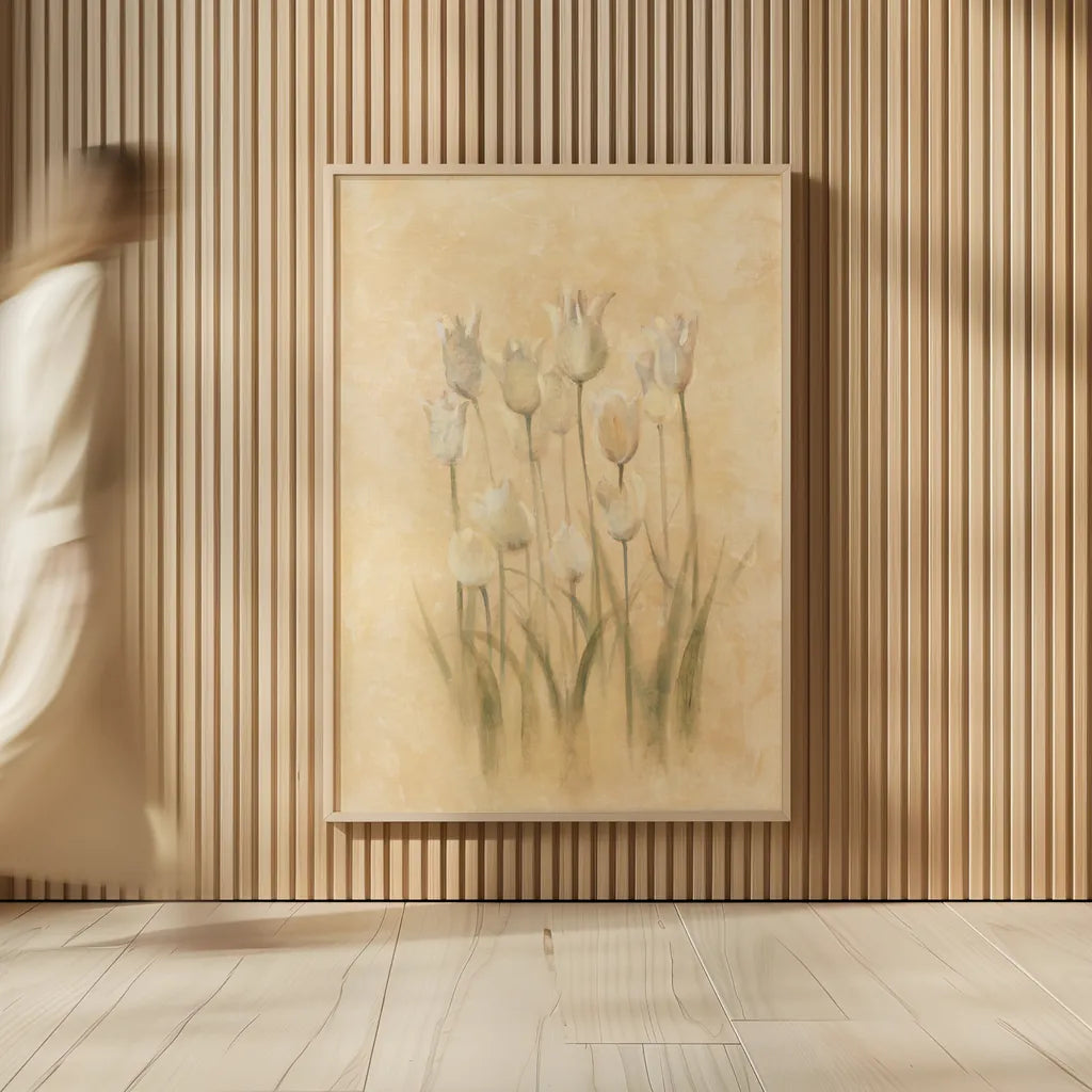 White Triumphator Tulips by Cheri Blum. shown as over sized large wall art. Available as an archival giclee rolled canvas, fine art paper, or poster print. SKU 7044h.