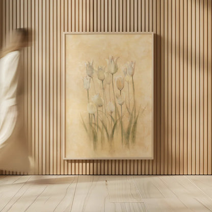 White Triumphator Tulips by Cheri Blum. shown as over sized large wall art. Available as an archival giclee rolled canvas, fine art paper, or poster print. SKU 7044h.