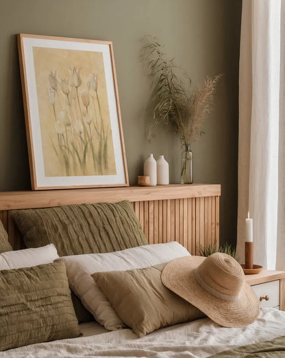 White Triumphator Tulips by Cheri Blum. shown as a paper print in a natural frame. Available as a archival giclee rolled canvas, fine art paper, or poster print. SKU 7044h.