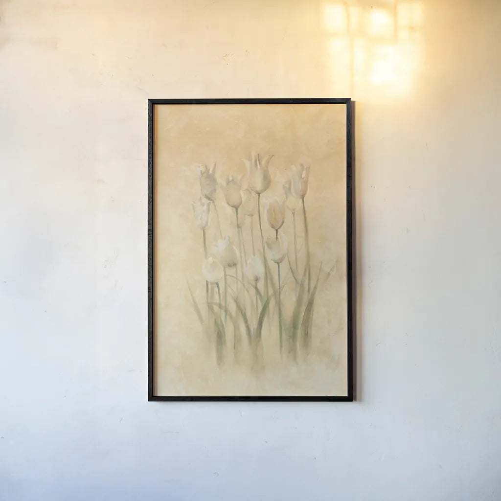 White Triumphator Tulips by Cheri Blum. shown as a paper print in a black flame. Available as a archival giclee rolled canvas, fine art paper, or poster print. SKU 7044h.
