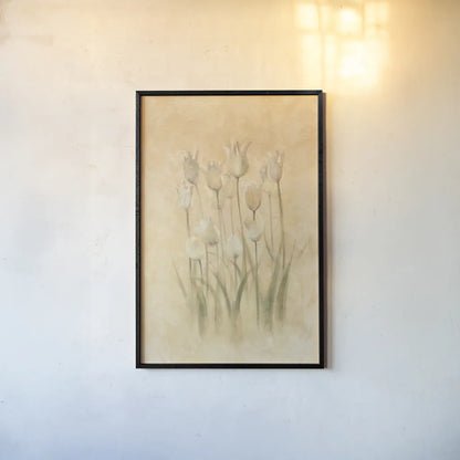 White Triumphator Tulips by Cheri Blum. shown as a paper print in a black flame. Available as a archival giclee rolled canvas, fine art paper, or poster print. SKU 7044h.