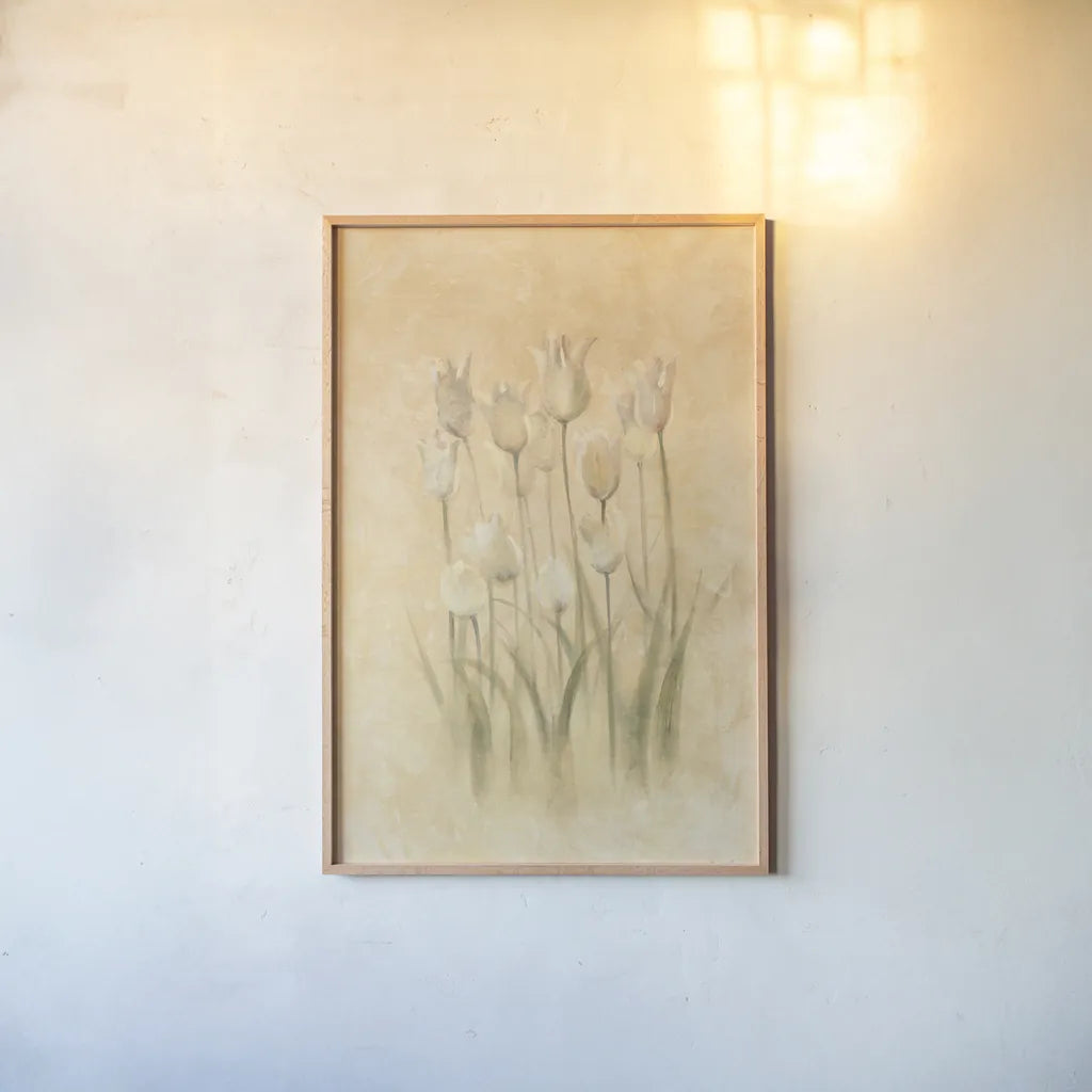 White Triumphator Tulips by Cheri Blum. shown as a paper print in a natural frame. Available as a archival giclee rolled canvas, fine art paper, or poster print. SKU 7044h.