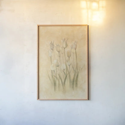 White Triumphator Tulips by Cheri Blum. shown as a paper print in a natural frame. Available as a archival giclee rolled canvas, fine art paper, or poster print. SKU 7044h.