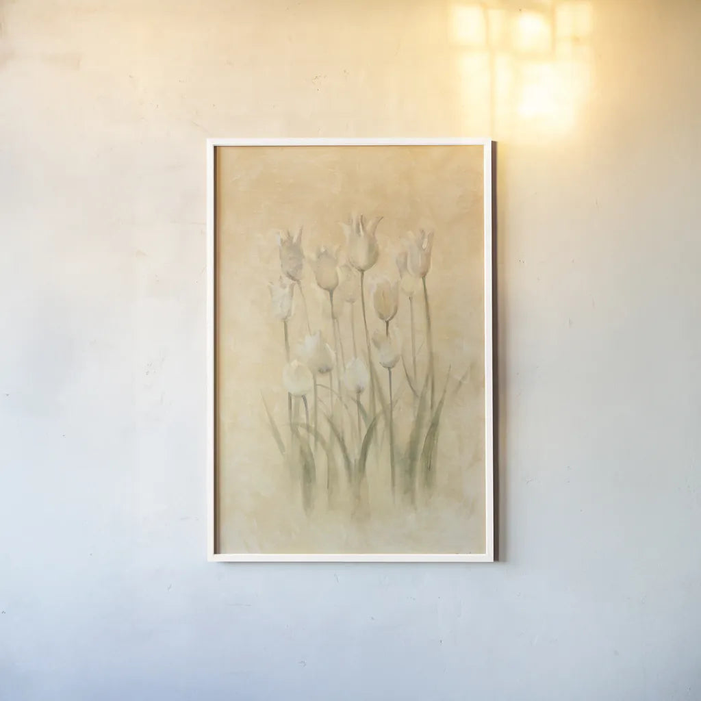 White Triumphator Tulips by Cheri Blum. shown as a paper print in a white frame. Available as a archival giclee rolled canvas, fine art paper, or poster print. SKU 7044h.