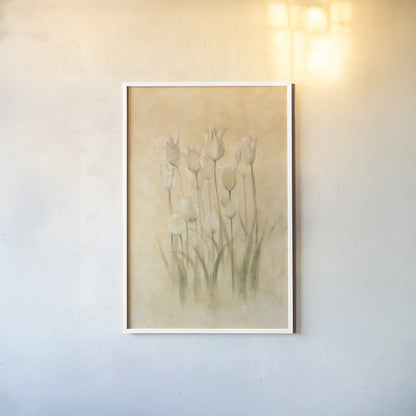 White Triumphator Tulips by Cheri Blum. shown as a paper print in a white frame. Available as a archival giclee rolled canvas, fine art paper, or poster print. SKU 7044h.