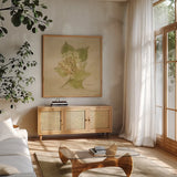 White Velvet Hydrangea by Cheri Blum. Shown in a natural wood frame in a cozy modern living room. Available as an archival giclee rolled canvas, fine art paper, or poster print. SKU 6973a.