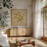White Velvet Peony by Cheri Blum. Shown in a natural wood frame in a cozy modern living room. Available as an archival giclee rolled canvas, fine art paper, or poster print. SKU 6975a.