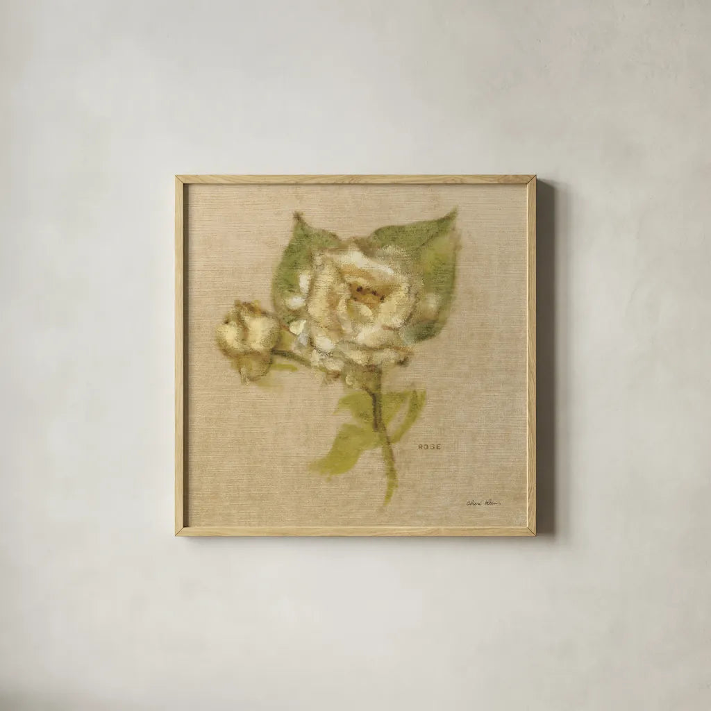 White Velvet Rose by Cheri Blum. Shown in a natural wood glass frame for a timeless modern aesthetic. Available as an archival giclee rolled canvas, fine art paper, or poster print. SKU 6972a.