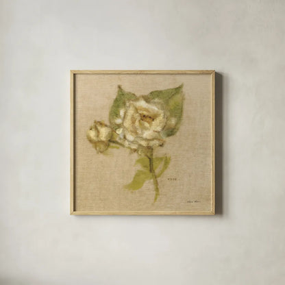 White Velvet Rose by Cheri Blum. Shown in a natural wood glass frame for a timeless modern aesthetic. Available as an archival giclee rolled canvas, fine art paper, or poster print. SKU 6972a.