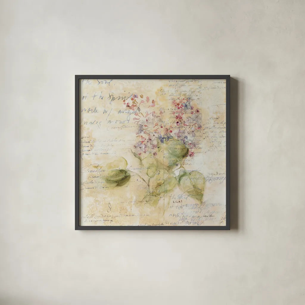 White Wash Lilac by Cheri Blum. Shown in a sleek black glass frame for a contemporary gallery look. Available as an archival giclee rolled canvas, fine art paper, or poster print. SKU 7032a.