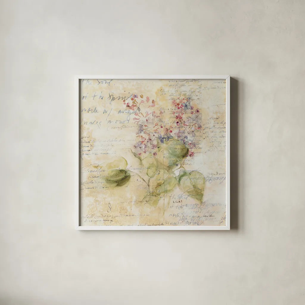White Wash Lilac by Cheri Blum. Shown in a crisp white glass frame for a clean and minimalist style. Available as an archival giclee rolled canvas, fine art paper, or poster print. SKU 7032a.